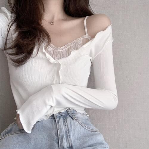 White Lace Fake Two Piece Suspender Long Sleeve T-shirt Womens Autumn Machine Sexy Off Shoulder Bottoming Shirt Short Top