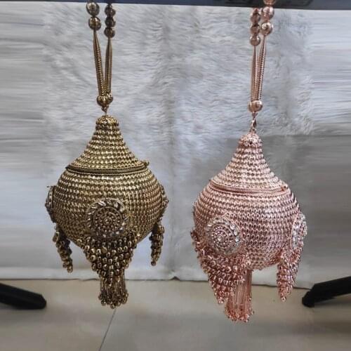DOYUTIG Trendy Womens Hand-Made Metal Clutches Indian Design Diamond Wedding Buckets Lady Short Tassels Evening Bags F841