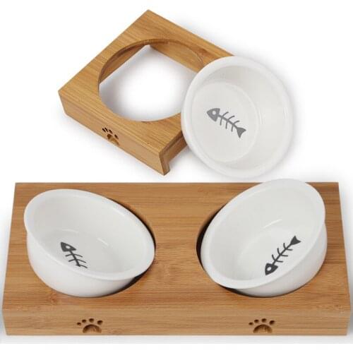 Double Ceramic Tableware Dog Feeders Cat Bowl Pet Food Water Bowls Single Bamboo Frame Antiskid Pets Supplies Accessories