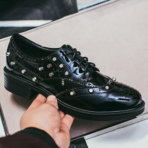 GUIDIBASIC2021 Fashion British Style Brogue Deep Mouth Shoes Women Shoe Heel Rivet Brogue Shoe Lace Carved D43-Tianbao-X21