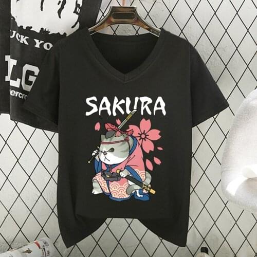 S- XXL 2021 New Summer T Shirt Women Soft Free Loose Hot Sale Fresh Casual V-Neck Short Couple Shirts 8 Colors Sakura Cat Print