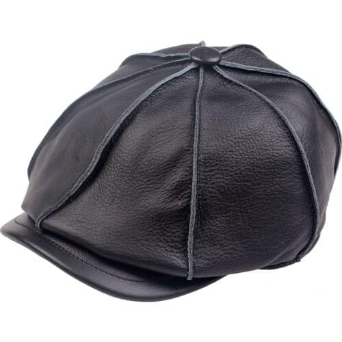 2019 new Boys casual genuine leather hat genuine leather cowhide male cap painter cap winter warm hat 50% off