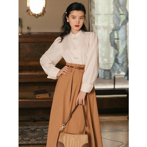 2021 chinese vintage autumn suit French style suit elegant womens retro shirt high waist skirt for professional lady wear