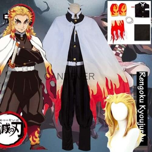 Anime Rengoku Kyoujurou Cosplay Demon Slayer Cosplay Costume Kimono Kimetsu no Yaiba Cosplay Uniforms Wig kids boys child men