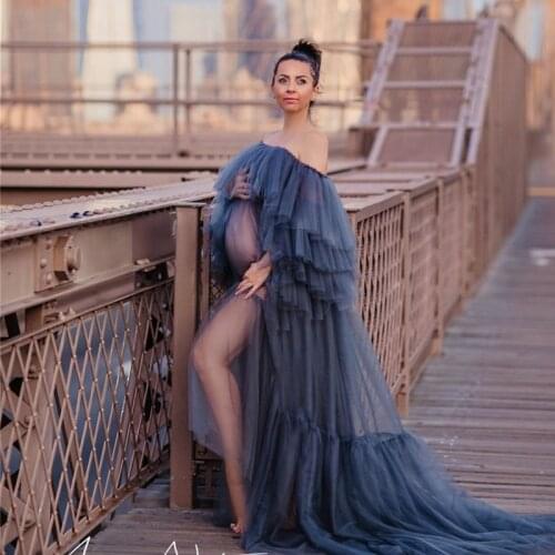 New Arrival Illusion Tulle Nightrobe Party Dress Navy Kimono Pregnant Women Evening Sleepwear Women Bathrobe Nightgown
