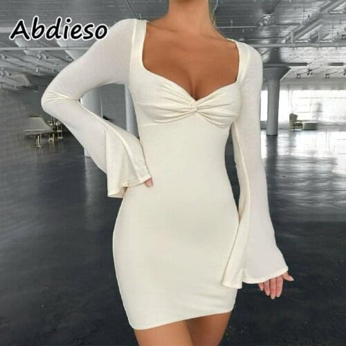 Abdieso Ruched V Neck Sexy Wrap Bodycon Dress Women Party Club Outfits 2021 Green Autumn Winter Long Sleeve Mini Dress Fashion