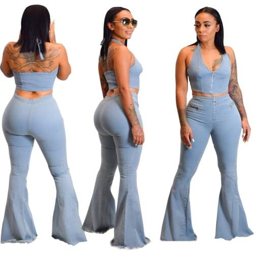 V-neck Sleeveless Denim Suit Zipper Slim Short Vest Boot Cut Pants Two Piece Set High Srteet Pant Sets Fashion Trendy Denim Suit