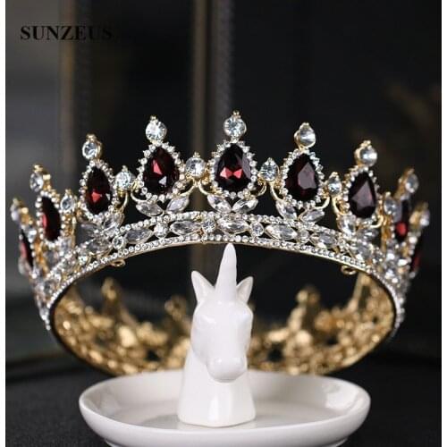 Luxury Round Queen Crowns Shinny Crystal Gold Bridal Tiara With Burgundy Rhinestones 2020 New Princess Marrige Accessory SQ0295