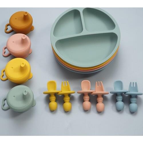 Baby Accessories Toddler Feeding Silicone Dinner Plate Waterproof Soft Infant Fork Spoon With Portable Kids Silicone Cup Cover