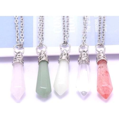 High Quality Natural Stone Hexagon Column Pendant Quartz Malachite Crystal Boho Womens Fashion Jewelry Aura Necklace Amulet