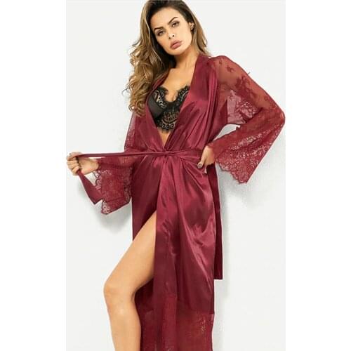 Women Sexy Satin Lace Sleepwear Robes Dress Female Lingerie Satin Silk Chiffon Babydoll Nightwear Lace Soft Robe Plus Size s-3xl