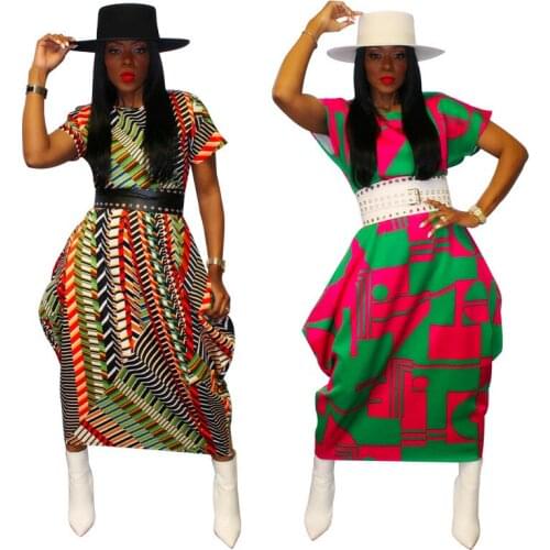Womens clothing woman Geometric prints personality loose Long skirt Short sleeves of the Dress