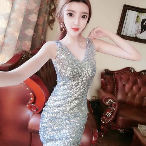 Women Sexy Shiny Sequin Sleeveless V-Neck Bodycon Slim Mini Dress Summer Evening Party Clubwear New Arrival 2021 Y753