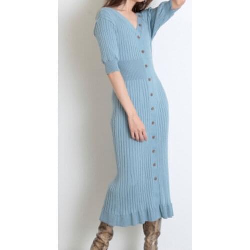 V Neck Single Breast Design Skinny Sweater Dress Women High Waist Hip Solid Temperament Vestidos Pullover Long Sleeve Long Robe
