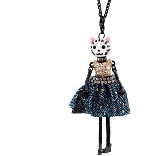 Fashion Cute Cat Face Doll Necklace Black Long Sweater chain Pendant Statement Necklaces Charm Dress Neck Jewelry for Women