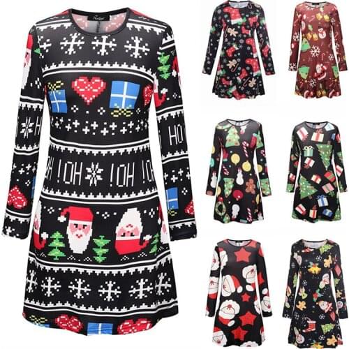 New Arrived Autumn Winter Women Dresses Casual Cartoon Print Christmas Dress Casual Loose Long Sleeve Party Dress Vestidos Y1210