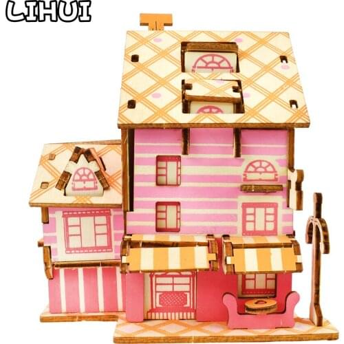 3D Wooden Puzzle Toys Jigsaw Architecture House Coffee Shop Cafe House DIY Assembly Building Model Kit Kids Educational Wood Toy