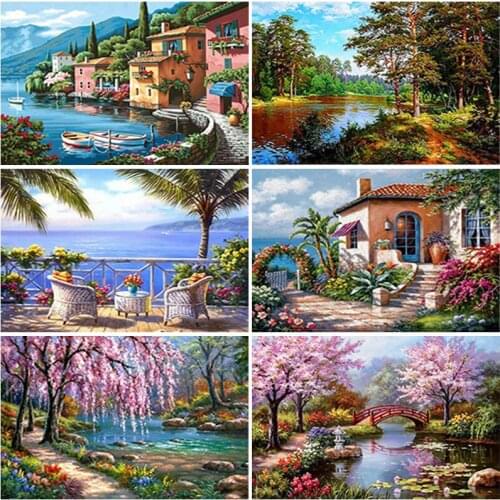 5D Diamond Embroidery Scenery House Painting Full Square Round Drill Tree Landscape Mosaic Rhinestone Picture Handmade Wall Art