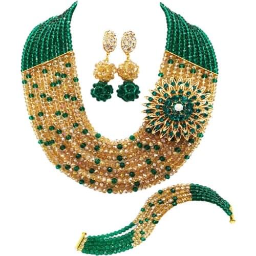 Army green and champagne gold ab nigerian wedding african beads jewelry set crystal 10szk