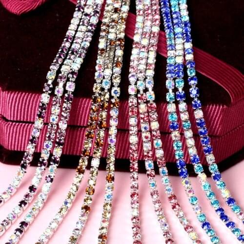 Free shipping SS6 2mm 5yards/bag multicolour Silver base sew on claw rhinestones chain,diy Clothing accessories YHSS6
