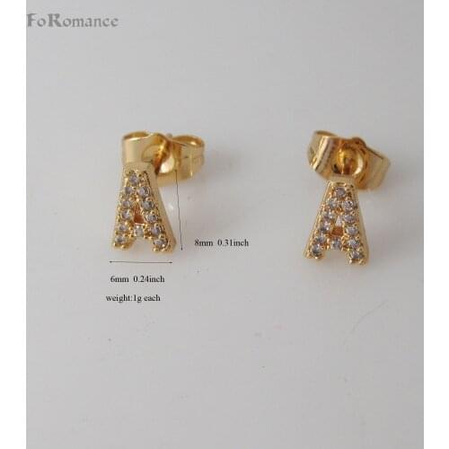 FoRomance/ZIRCON STONES INSERTED LETTERS INITIALS SHINNING STUD EARRING 26 LETTERS YELLOW GOLD GP - GOLD COLOR OVERLAY