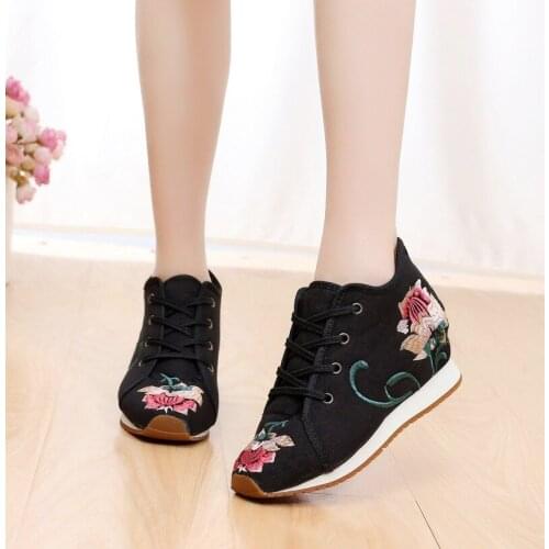 Ethnic Vintage Canvas Women Embroidered Shoes Canvas Shoes Wedge Platform Hidden Heel Sports Shoes Women Ladies Casual Shoes