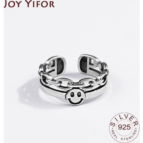 925 Sterling Silver Rings for Women Smile Face Vintage Wedding Trendy Jewelry Large Adjustable Antique Rings Anillos