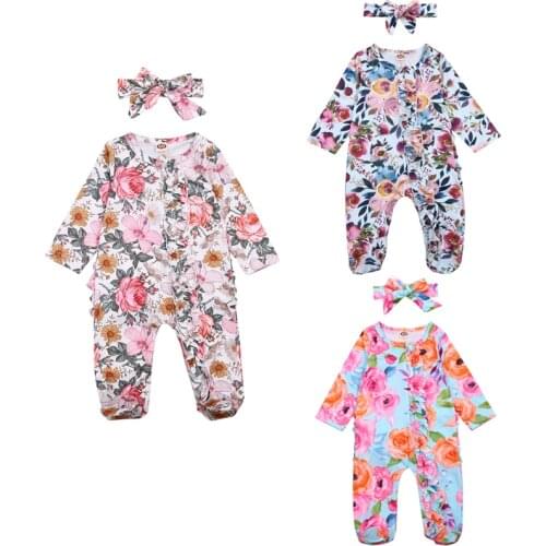 Newborn Baby Girl Footed Playsuit, Floral Print One Piece Jumpsuit Sleeper with Headband Clothes