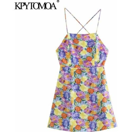 KPYTOMOA Women 2021 Fashion With Lining Floral Print Mini Dress Vintage Backless Zipper Cross Thin Straps Female Dresses Mujer