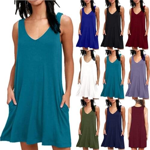 Women V-neck Tank Mini Dresses Summer Plus size Solid Sleeveless Pockets Loose Dress Casual Beach A-line Dress Sundress Vestidos