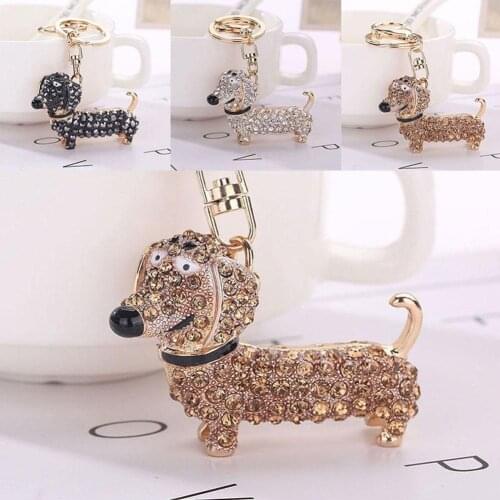 Fashion Dachshund Dog Bottle Keychain Jewelry Rhinestone Crystal Twinkling Keyring Girls Souvenirs Handbag Car Charm Pendant Gif