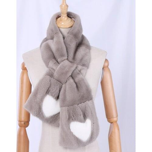 Fashion Womens Winter Genuine Real Mink Fur Full Pelt Fur Scarf Ladys Scarves Luxury Wraps Neck Warmer heart-shaped Grey