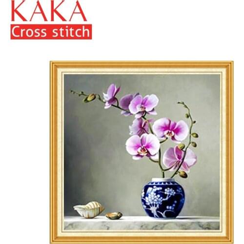 KAKA Cross stitch kits,5D Elegant Flowers Vase,Embroidery needlework sets with printed pattern,11CT canvas,Home Decor Painting