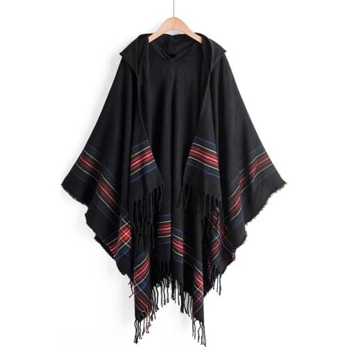 New Women Cape Coat Cashmere Fringe Poncho Oblique Stripe Vintage Cloak Coat Bohemian Shawl Hooded Shawl Man Streetwear
