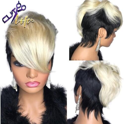 Wavy Honey Blonde Ombre Short Wavy Bob Pixie Cut Full Machine Made No Lace Human Hair Wigs With Bangs For Black Women Brazilian