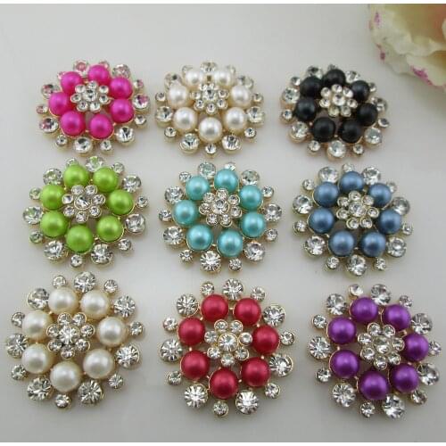 BT196 33mm)5pcs 10 Colors Pearl Flatback Rhinestone Buttons Diamante Crystal Hair Flower Scrapbooking Accessories