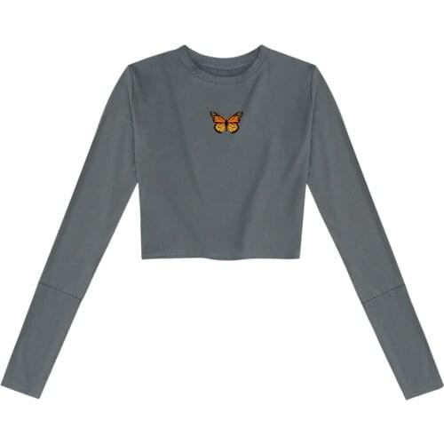 Sexy Cotton O Neck Tee Butterfly Top Long Sleeve T-shirt for Lady Women Fashion Tops Clothes Graphic Tees Hip Hop 90s Pant Set