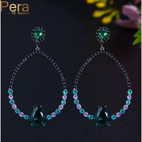 Pera Vintage Green Purple Cubic Zirconia Long Large Hollow Water Drop Dangle Earrings Costume Party Ear Jewelry for Women E770