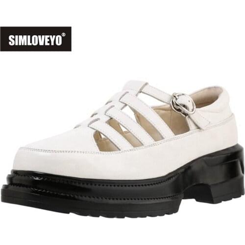 SIMLOVEYO 2021 Genuine Leather Pumps Round Toe Platforms Narrow Band T Buckle Strap 5.5cm Chunky Heels US11 White Black A4305