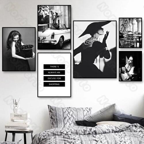 Modern Vintage Style Canvas Painting Poster Fashion Women Black and White Street Scenery and Quotas for Home Room Wall Decoratio