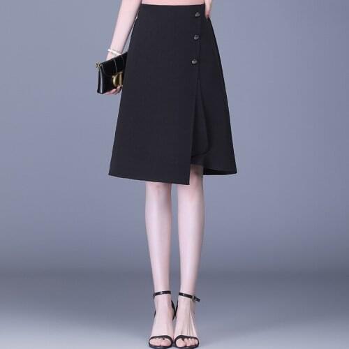 Black High Waist Knee-length Skirts for Women Summer Elegant Fashion Slim Casual A-line Plus Size Office Lady Work Skirt 8967