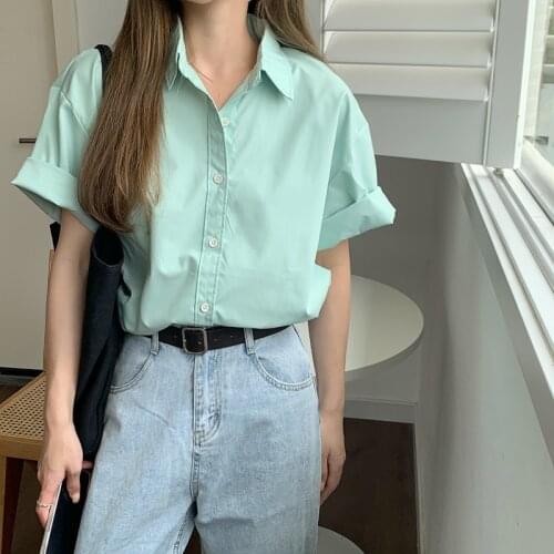 Alien Kitty 2021 New Summer Women Female Solid Sleeve Single Breasted Office Lady Turn-Down Collar Blouse Fashion All-Match