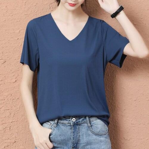 Vintage T Shirt Women Summer Thin Loose T Shirt For women Knitted Tshirt Womens Summer V-neck Breathable Cool Short Sleeve Tops