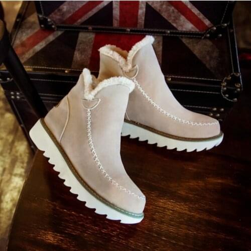 2020 Autumn Winter Women Snow Boots Round Toe Ankle Warm Plush Boots Slip-On Shoes Flats Black Beige Brown Size 34-43