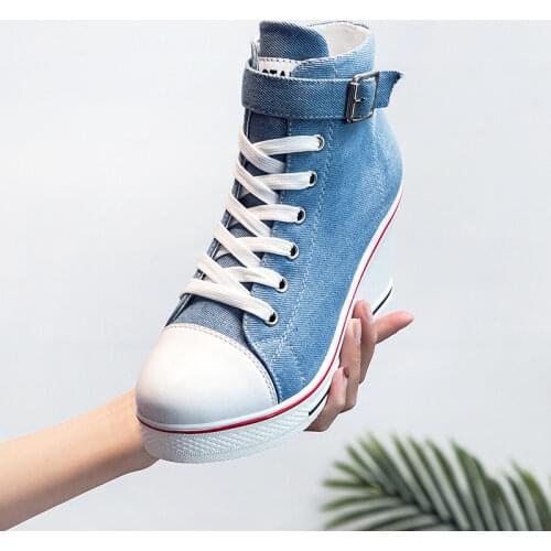 2020 New Spring Summer Classic Wedges Shoes High Top Pumps with Zipper Canvas Shoes Women Casual Height Increasing Platform Shoe