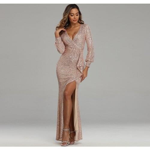 Elegant Sequins Party Dress Women V Neck Full Sleeve High Split Formal Dresses Sequin Prom Gown Slim Party Dress Female CX2179
