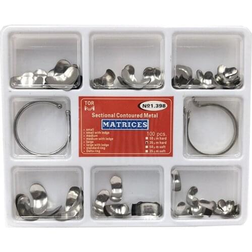 100pcs Dental Matrix Full kit Sectional Contoured Metal Matrices No.1.398 40pcs Silicone add- on Wedges Rubber Dental material