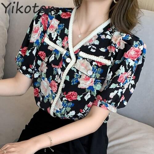 2021 Summer Slim Blouse Shirt Fashion Short Sleeve V Neck Elegant Work Wear Chiffon Casual Floral Ladies Chic Tops Plus Size