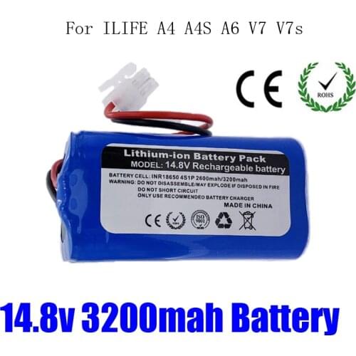 14.8v 2600 mah Li-iom Rechargeable, ILIFE Robot Vacuum Cleaner, 18650 Battery, for ILife A4, A4s, V7, A6, V7s Plus Full Capacity