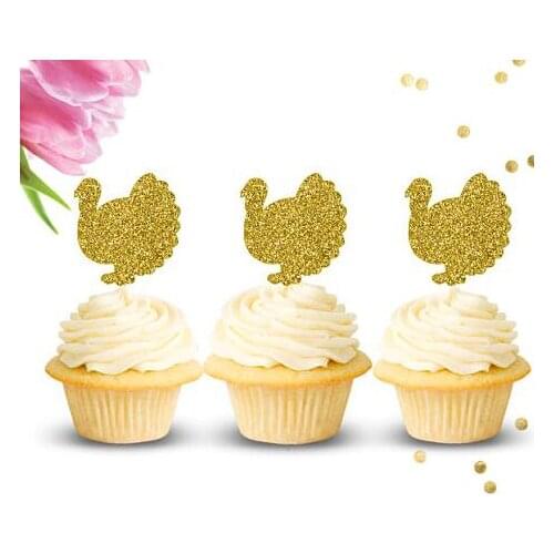Glitter gold turkey thanksgiving cupcake toppers birthday baptism Christening new year party decoration doughnut food toothpicks
